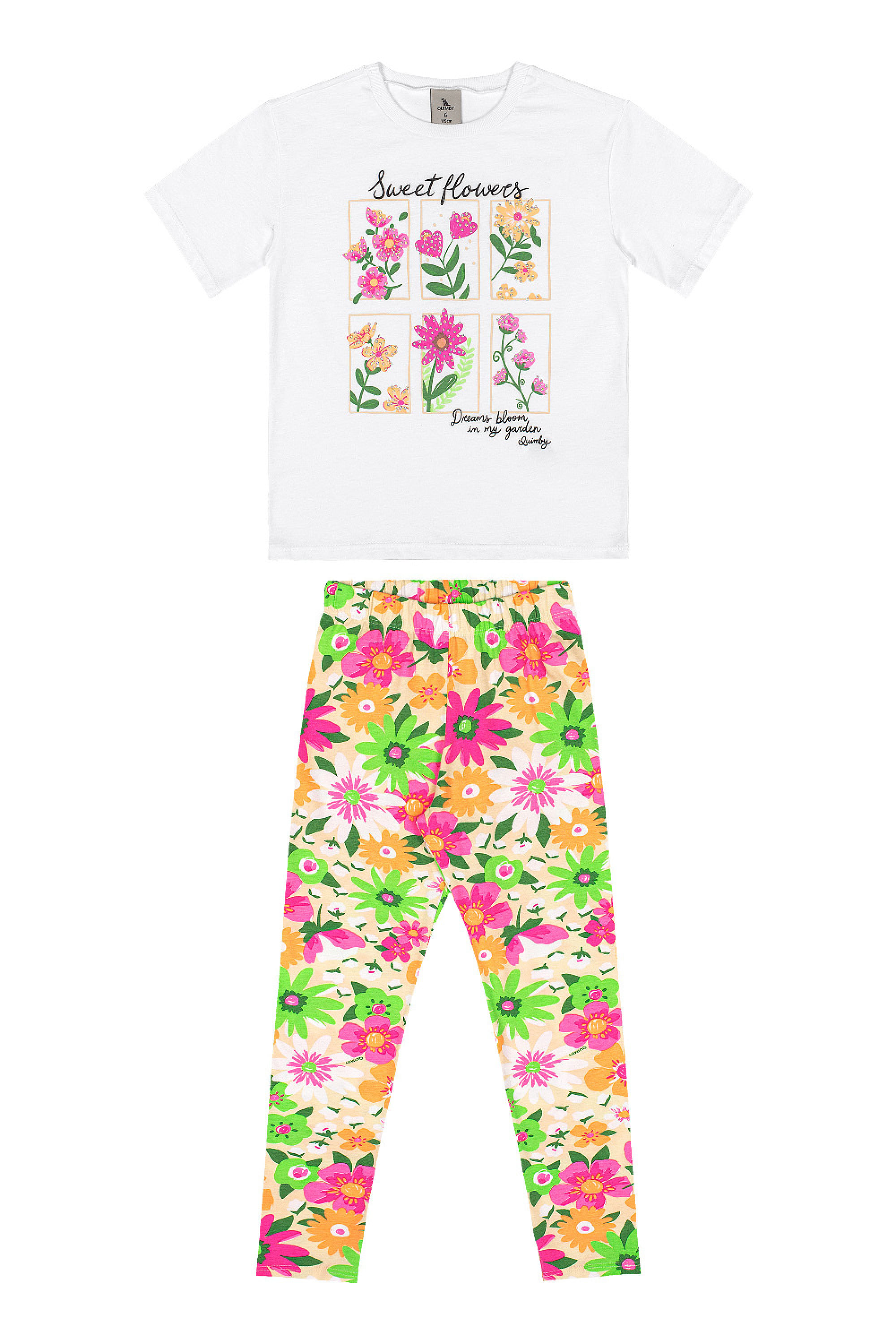 Conjunto Infantil Blusa com Strass e Calça Legging Floral (Branco) Quimby - Imagem 32